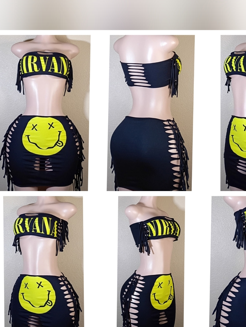 NIRVANA Black Custom Strapless Fringe Mini Skirt Set with Yellow Smiley Graphic